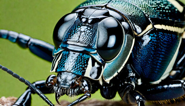 Close-up macro shot of a beetle with intricate metallic blue patterns on a leaf, showcasing detailed textures.
