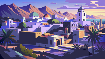 Old Arabic town, GRASSY LAND FULL. Vintage color Palette.