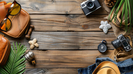 Set of travel items on wooden background