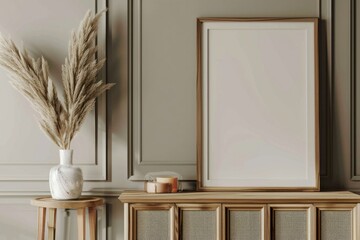 Blank picture frame mockups cabinet furniture indoors.