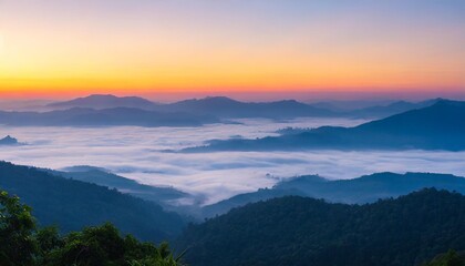 nature view of mountainnforest landscape with sunrise and mist in the morning natural scenery outdoor travel background