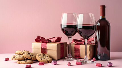 Set of wine with cookies and gifts for Valentines Day