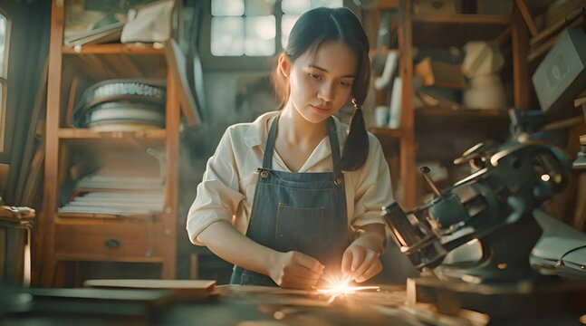 Craftswoman Focused on Precision Metalwork with Ai generated.

