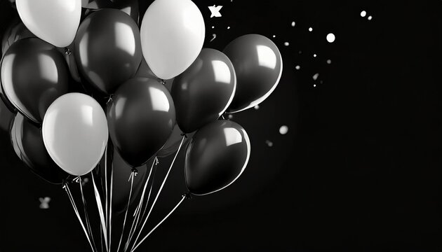 fondo festivo y de celebracion elegantes globos blancos y negros de helio volando sobre fondo negro para anuncios cumpleanos e invitaciones
