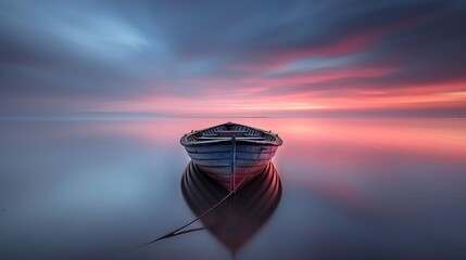 Tranquil sunset view  a wooden rowboat rests peacefully on the calm, still waters