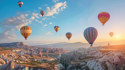 A group of hot air balloons flying over a canyon