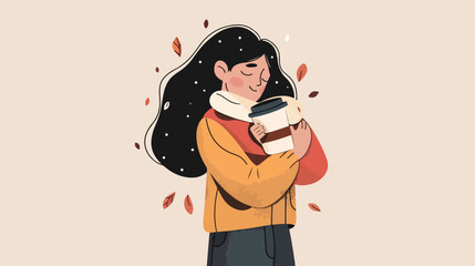 Illustration of woman hugging oversized to-go coffee