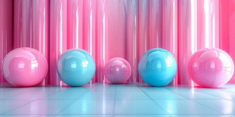 Pink and blue spheres are arranged in a row on a blue floor