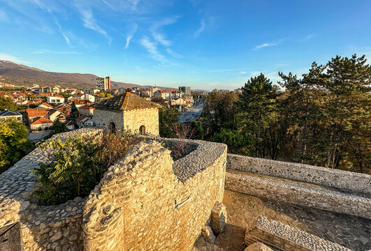 Тower of Pirot Fortress or Momchilov grad (Momchilo's fortress),  Serbia,built in the 14th century, Pirot town background, Serbia