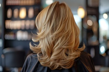 View of a blonde layered haircut from behind in a salon chair. Concept Haircut, Blonde, Layered, Salon, View from Behind