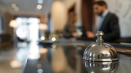 Modern luxury Hotel Reception Counter desk with Bell. Service Bell locating at reception. Silver Call Bell on table, Receptionists and customer on background. Сheck in hotel. Concept.