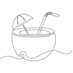 Coconut cocktail in one line with an umbrella and a straw. Minimalistic continuous line vector illustration, icon, logo Cocktail in coconut. Umbrella, tube.
