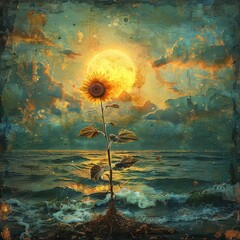 A surreal painting of a sunflower growing out of the ocean with a full moon in the background.