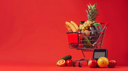 Shopping basket full of food with payment terminal 