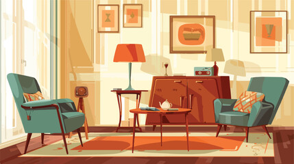 Interior of living room furnished in retro style. Old