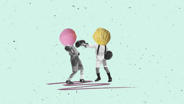 Stop motion, animation. Playful little boys, children with ice cream heads playing, boxing. Favorite dessert. Concept of retro style, creativity, surrealism, imagination. Copy space or ad, poster