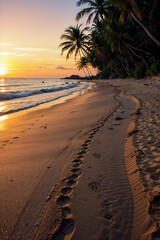 "(((Summer Vacation background - Footprints on a tropical beach at sunset time)))  A breathtaking and photorealistic image capturing the essence of summer vacation, featuring footprints on a tropical 
