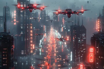 A futuristic-looking drone hovering in mid-air against a backdrop of urban skyscrapers.