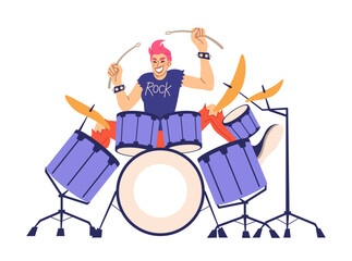 Drummer. Rock music character plays with sticks on drums and and cymbals, show entertainment concept, performing song. Talented musician. Musical vector cartoon flat isolated on white illustration
