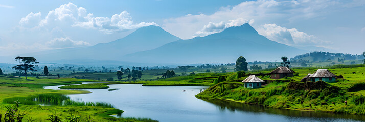 Idyllic Rural Landscape of Rwanda with a Glimpse of the Majestic Virunga Volcanoes