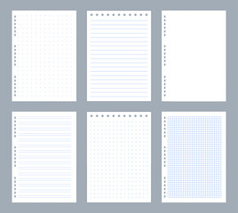 Lined note pages. Diary and notepad. Copybook checkered or dotted papers. Blank notepaper with spiral binders. School or office stationery. Organizer template. Letter document. Vector empty sheets set