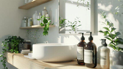 Sink and different cosmetic products in light bathroom