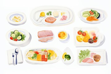 A watercolor painting of a variety of entrees on white dishes.