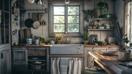 Rustic Charm: Cozy Farmhouse Kitchen with Exposed Beams and Vintage Decor
