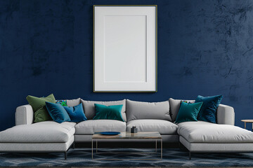 Mock up picture frame on a navy blue wall, gray sofa with pillows and coffee table in contemporary living room. Copy space.
