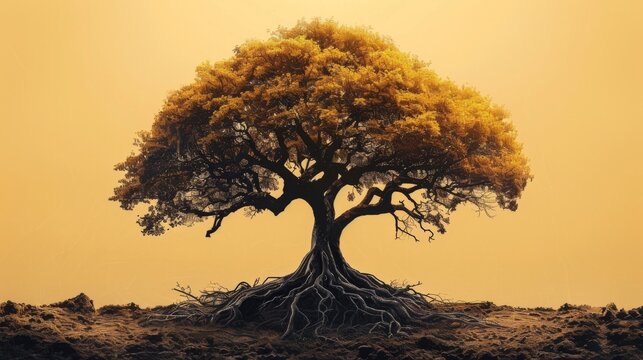 A tree with intertwined roots and branches symbolizing the interconnectedness of all beings and the karmic cycle that binds us together.