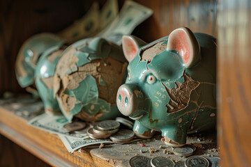 Discover the aftermath of a smashed piggy bank filled with money, a symbol of financial ruin. AI generative.