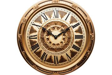 The Timeless Elegance of a Golden Roman Numeral Clock. On a White or Clear Surface PNG Transparent Background.