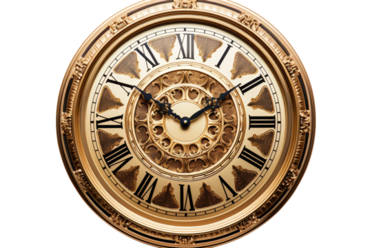 The Timeless Elegance of a Golden Roman Numeral Clock. On a White or Clear Surface PNG Transparent Background.