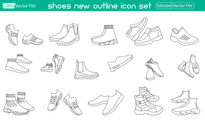 Shoes detailed line art vector line art.  shoes new vector line art. Set of hand-drawn sneakers, gym shoes, top view. Image in different views - front, back, top, side, sole, and flat view.