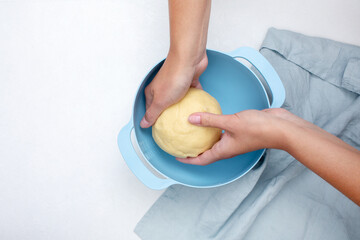 Preparing pie dough. View from above. Culinary concept. Flat layout. Copy space