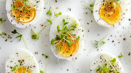 Soft boiled eggs with micro green on white background