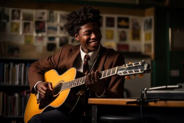 Black people mens student music musician guitar. - obrazy, fototapety, plakaty