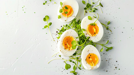 Soft boiled eggs with micro green on white background