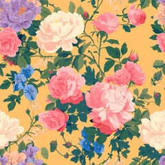 Vibrant Vintage-Inspired Rose and Floral Pattern Background. Design for background, graphic design, print, poster, interior, packaging paper 