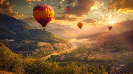 Hot air balloons flying over a beautiful valley at sunrise.