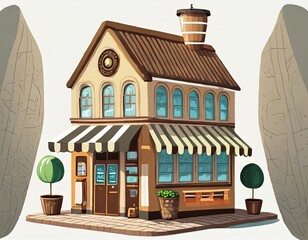 illustration of a small cute coffee shop building on a white background