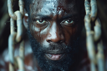 African American man in chains, liberation from slavery