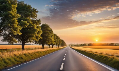 Open road in the village at sunrise, symbolizing a transition to a brighter future. - obrazy, fototapety, plakaty