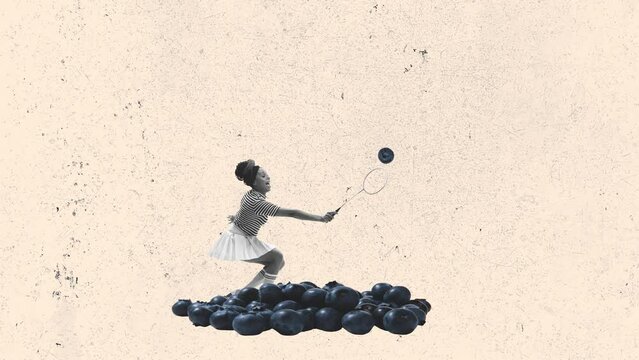 Stop motion, animation. Creative design with young woman playing badminton with blueberries. Concept of retro style, food, sport, creativity, surrealism, imagination. Copy space or ad, poster