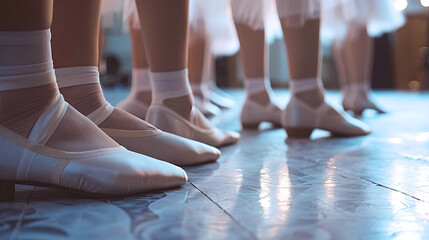 A row of ballet dancers stand in pointe shoes, preparing for a performance, showcasing discipline...