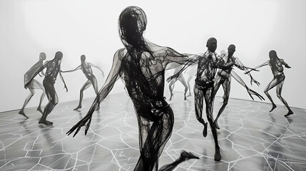 A group of abstract figures is captured in a dance, with dynamic postures creating an impactful visual narrative.
