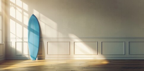 A blue surfboard in an empty room with sunlight . - Powered by Adobe