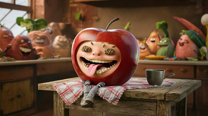 An abstract drawing of a cheerful apple sitting on the kitchen counter