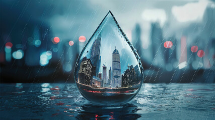 An abstract city landscape reflected in raindrops