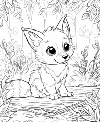 Obraz premium Adorable Cartoon Fox Cub in Enchanted Forest Coloring Page, coloring book